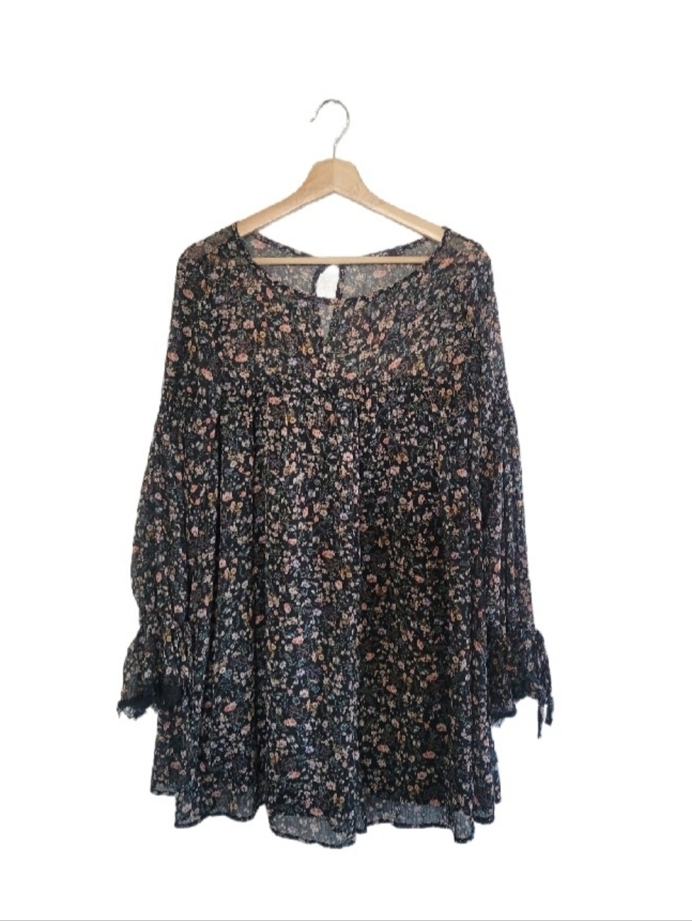 BERSHKA Boho Floral Romper Size M Sheer Overlay Lace Trim Tie Sleeves